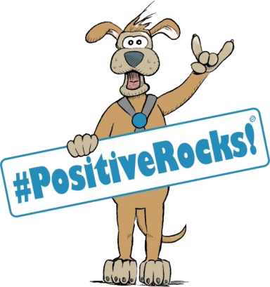 Ein cartoonartiger Hund zeigt das Zeichen für „Ich liebe dich“ und hält ein Schild mit dem Hashtag #PositiveRocks!