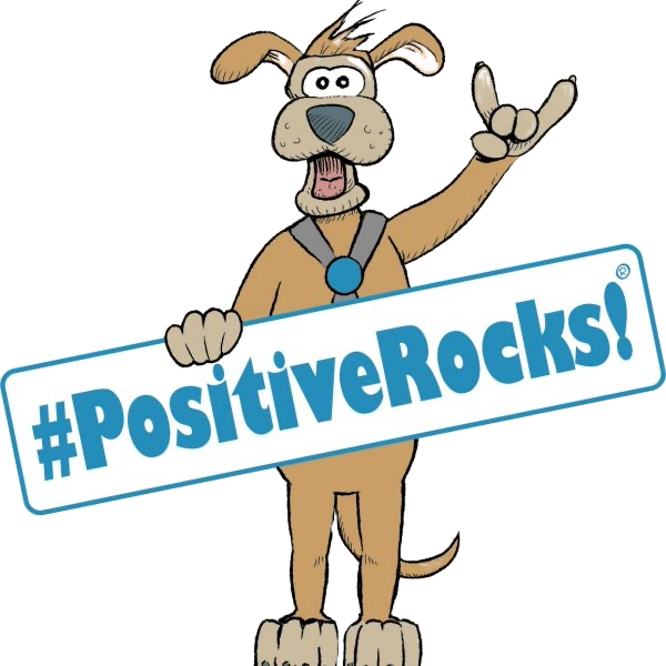 Cartoon-Hund mit einem Schild, der "#PositiveRocks!" hält.