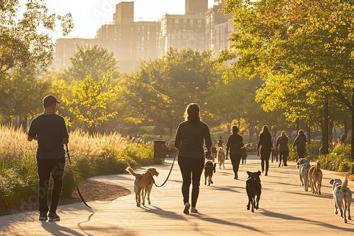 Menschen spazieren mit ihren Hunden auf einem sonnigen Weg in einem Park.
