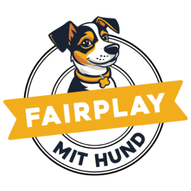 Logo mit Hund und dem Text "Fairplay mit Hund" in lebendigen Farben.