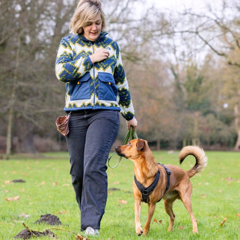 Frau mit blonden Haaren führt einen Hund auf einer Wiese spazieren.